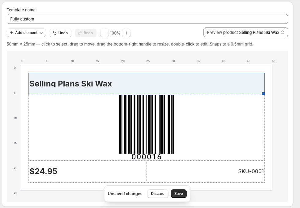 The LabelForge template editor: a 50 by 25 millimeter label laid out on a millimeter grid with a barcode, product name, price, and SKU positioned at true physical size.