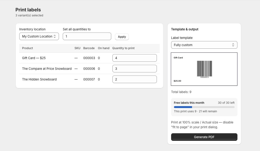 The print screen: a table of products with a quantity-to-print per row, a live label preview with a barcode, a monthly free-label meter, and a Generate PDF button.