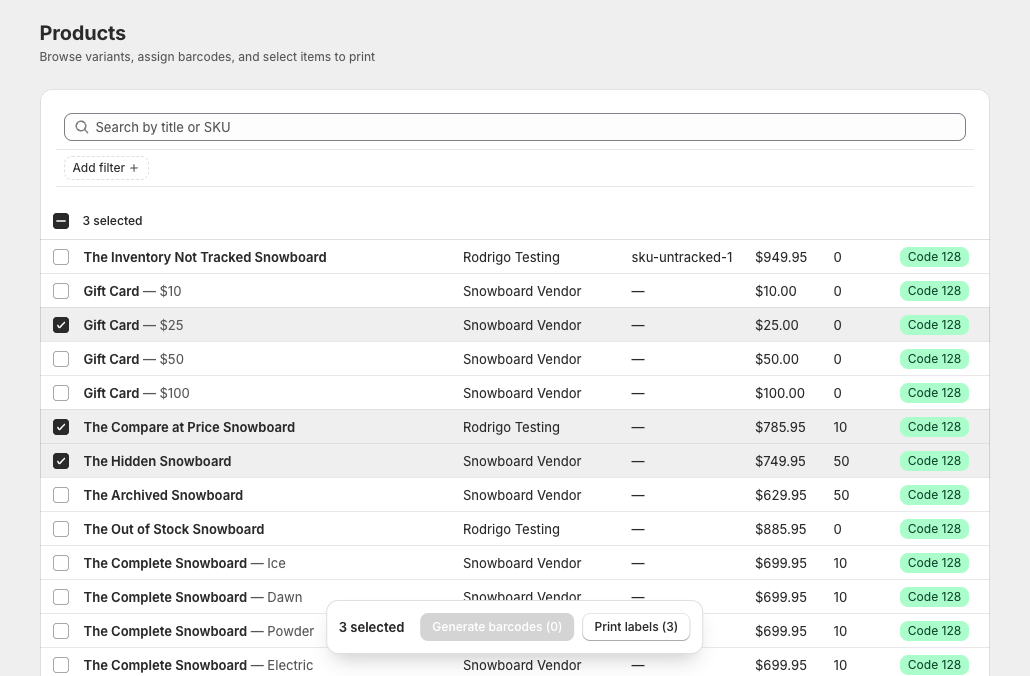 The product browser listing Shopify variants with prices, on-hand counts, and barcode symbology, with several selected and a bulk action bar to generate barcodes or print labels.